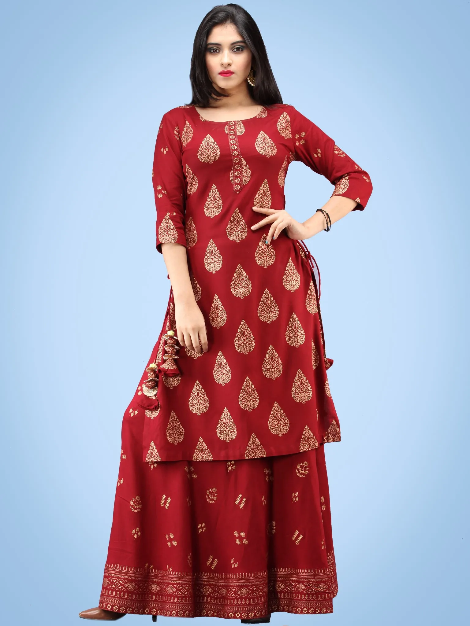 Aalia - Rustic Red Gold Block Print Kurta & Skirt Dress With Tassels - D380FYYY