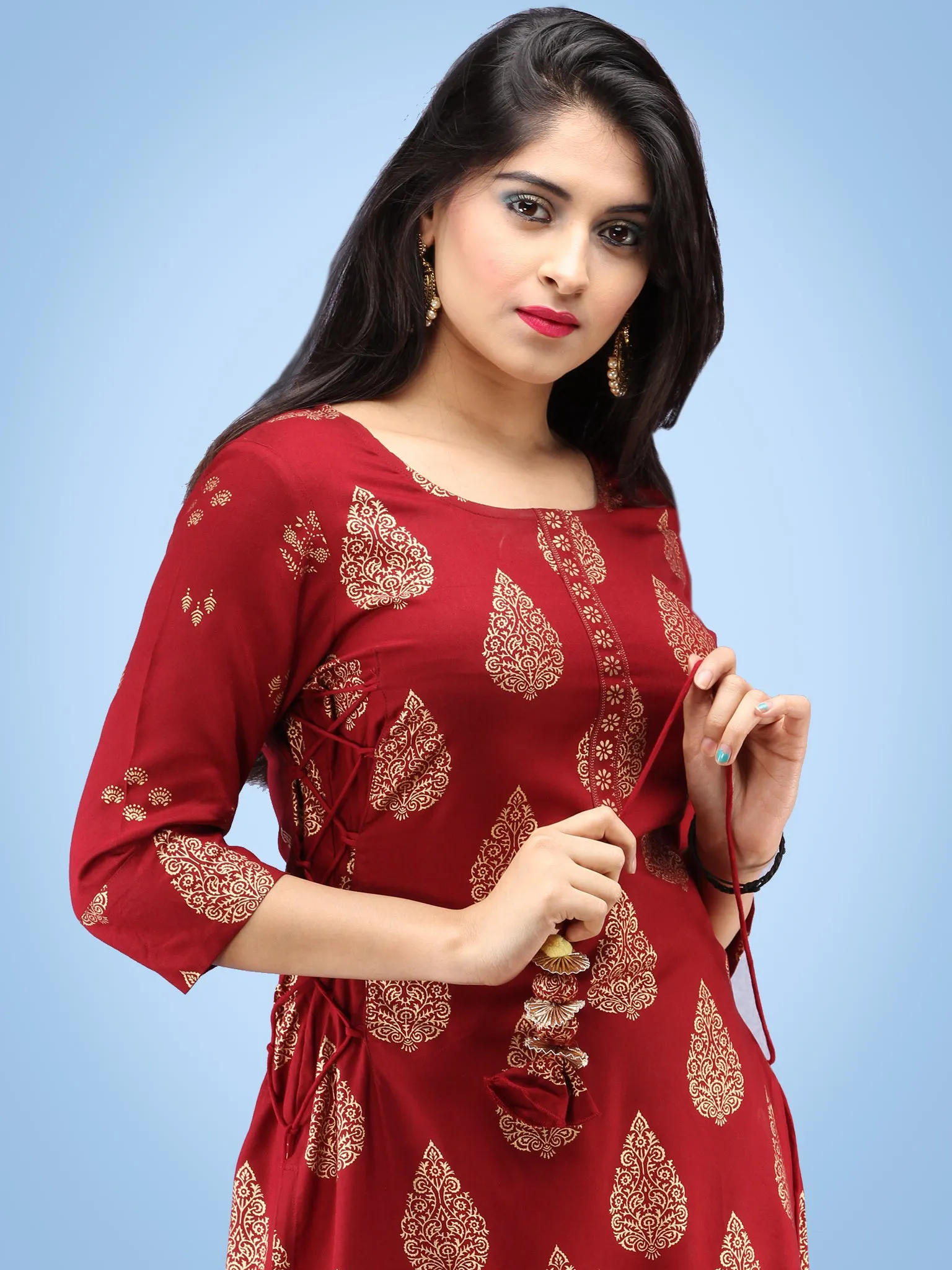 Aalia - Rustic Red Gold Block Print Kurta & Skirt Dress With Tassels - D380FYYY