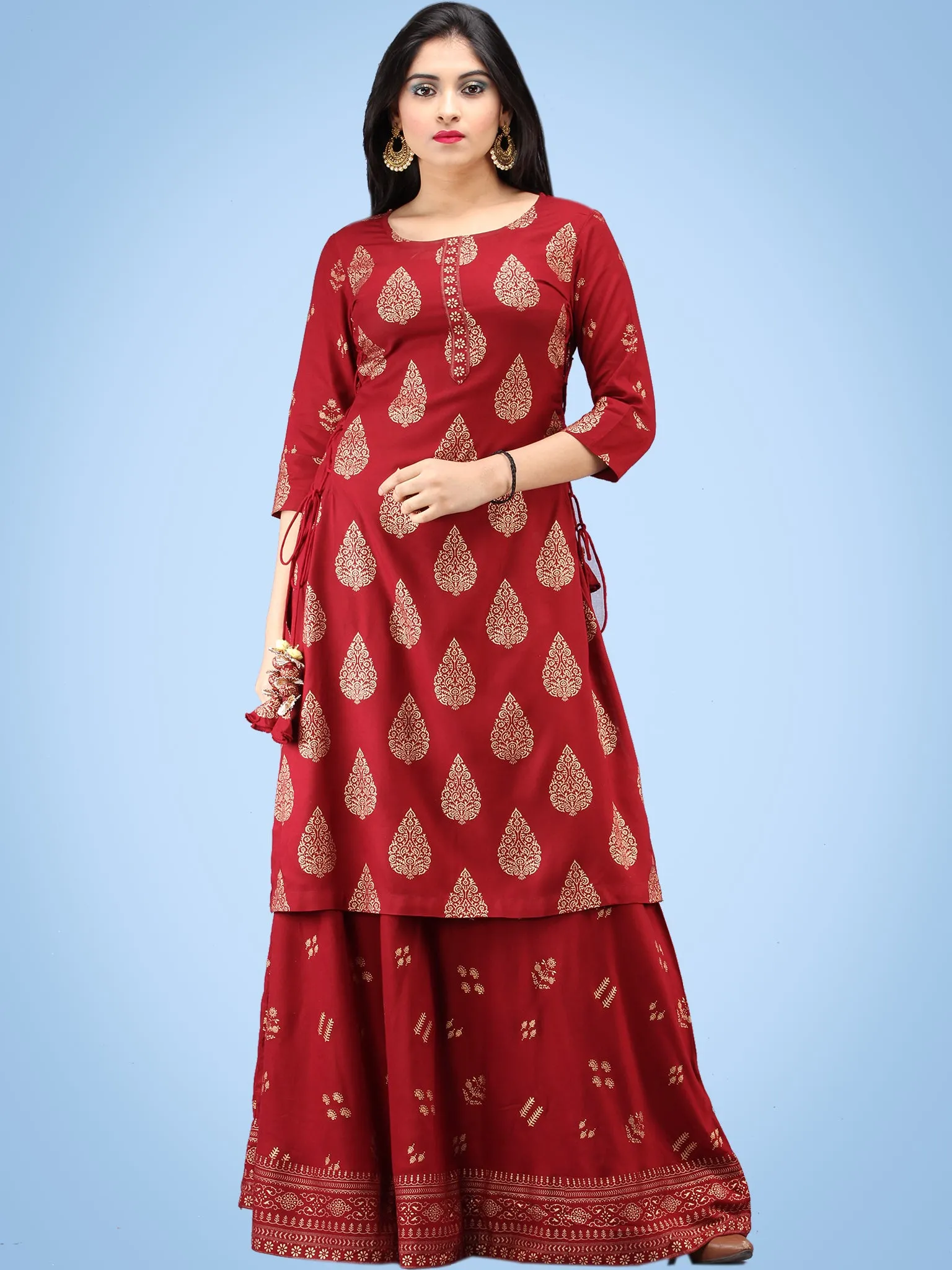 Aalia - Rustic Red Gold Block Print Kurta & Skirt Dress With Tassels - D380FYYY