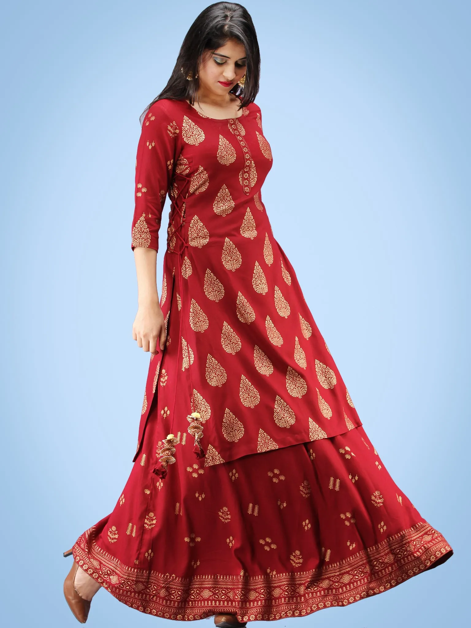 Aalia - Rustic Red Gold Block Print Kurta & Skirt Dress With Tassels - D380FYYY