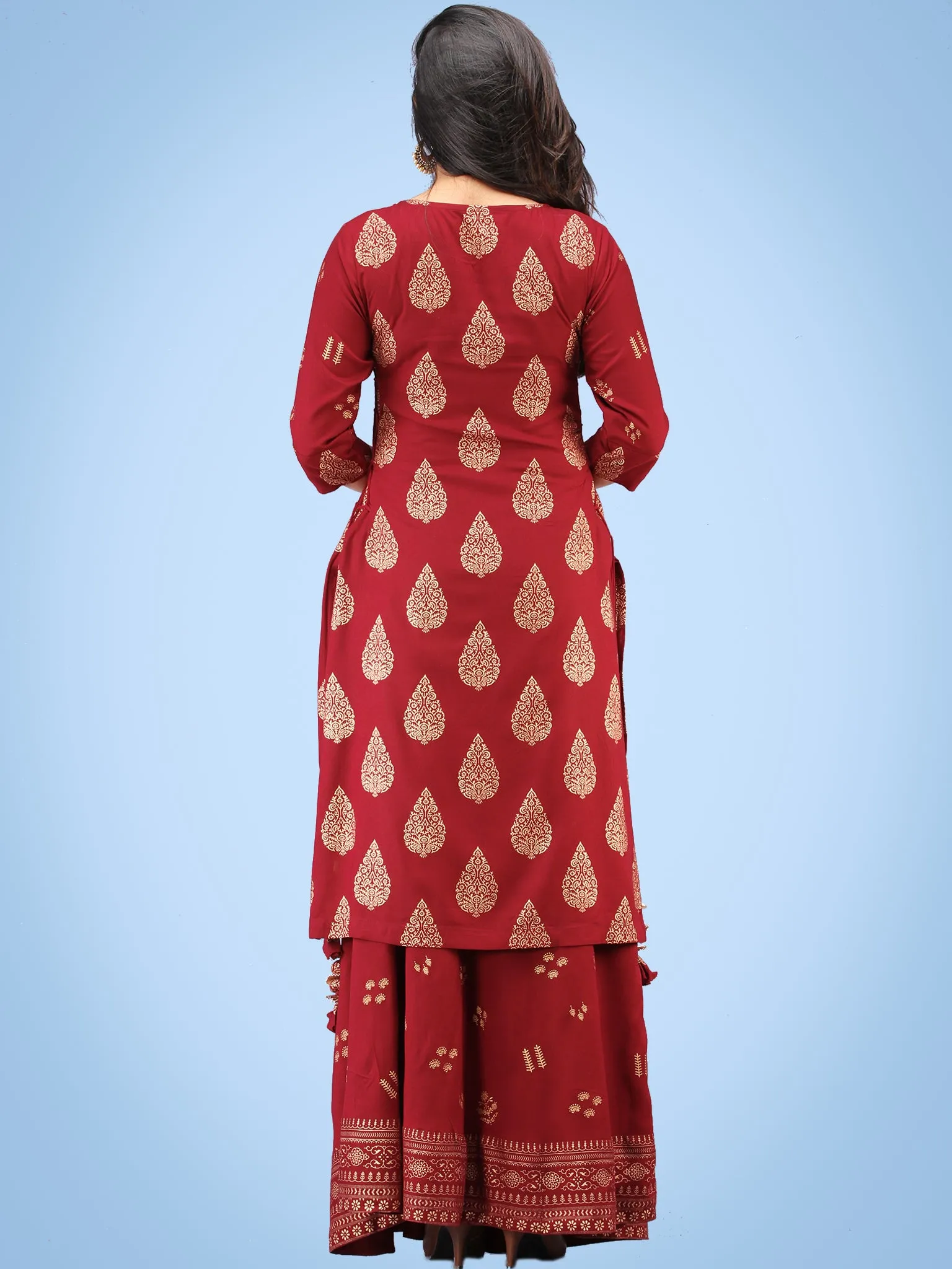 Aalia - Rustic Red Gold Block Print Kurta & Skirt Dress With Tassels - D380FYYY