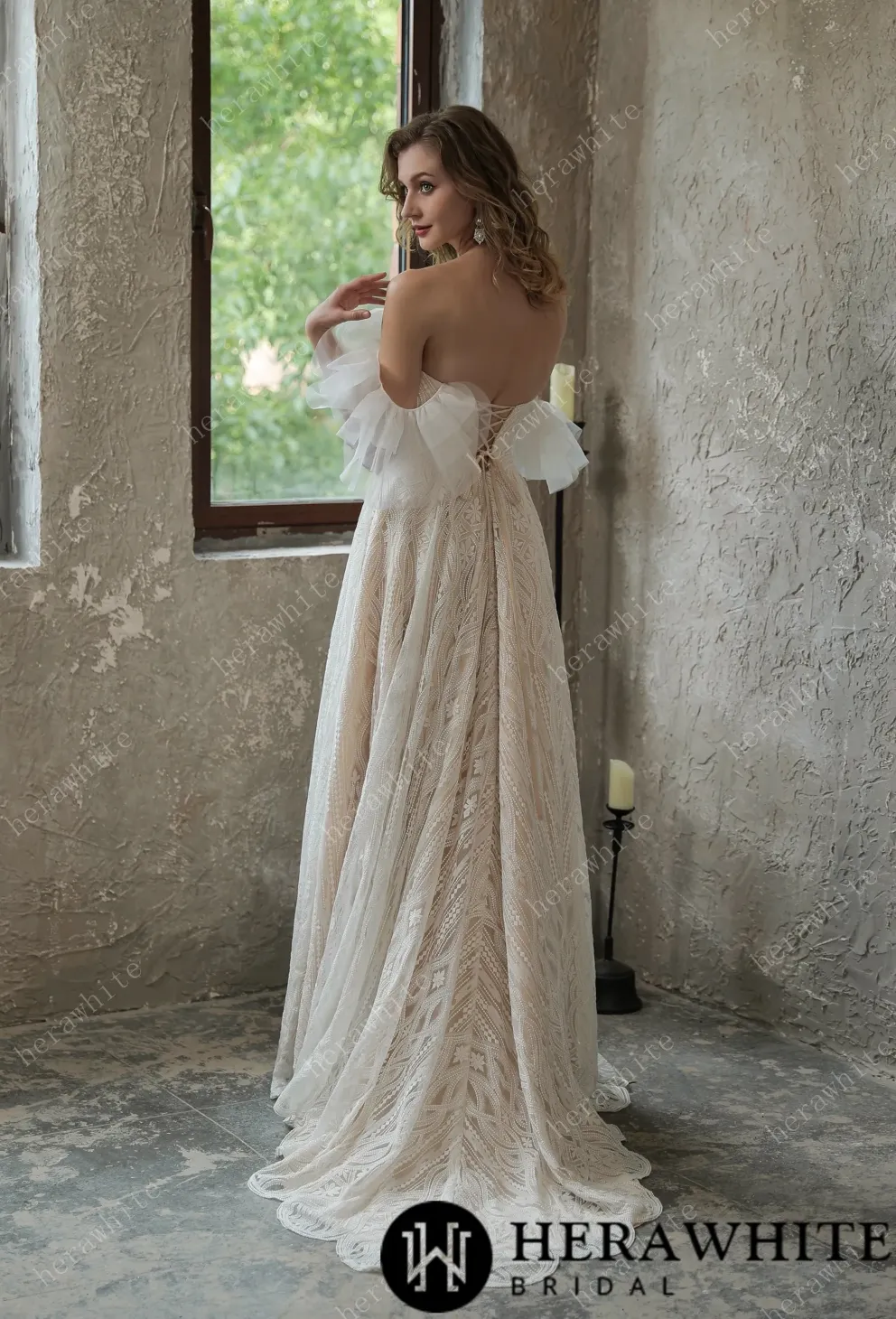 Allover Lace Boho Sweetheart Wedding Gown With Corset Back