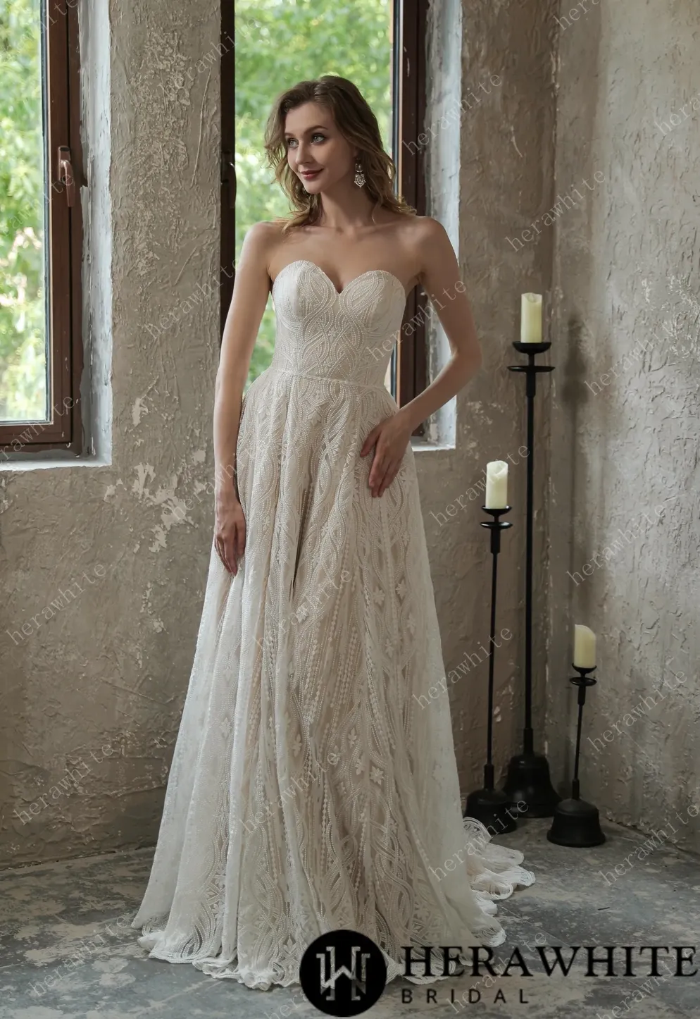 Allover Lace Boho Sweetheart Wedding Gown With Corset Back