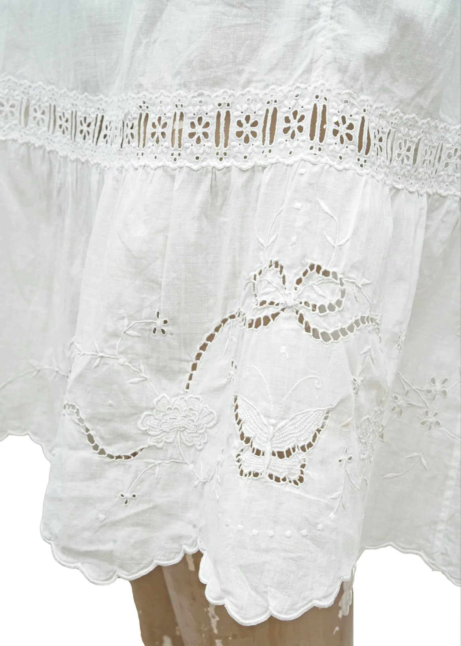 Antique White Linen Petticoat Under Skirt • Embroidered Butterflies