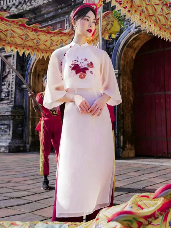 Ao Dai Vietnam Blush Button Embroidery Includes One Ao Dai Top And Pants