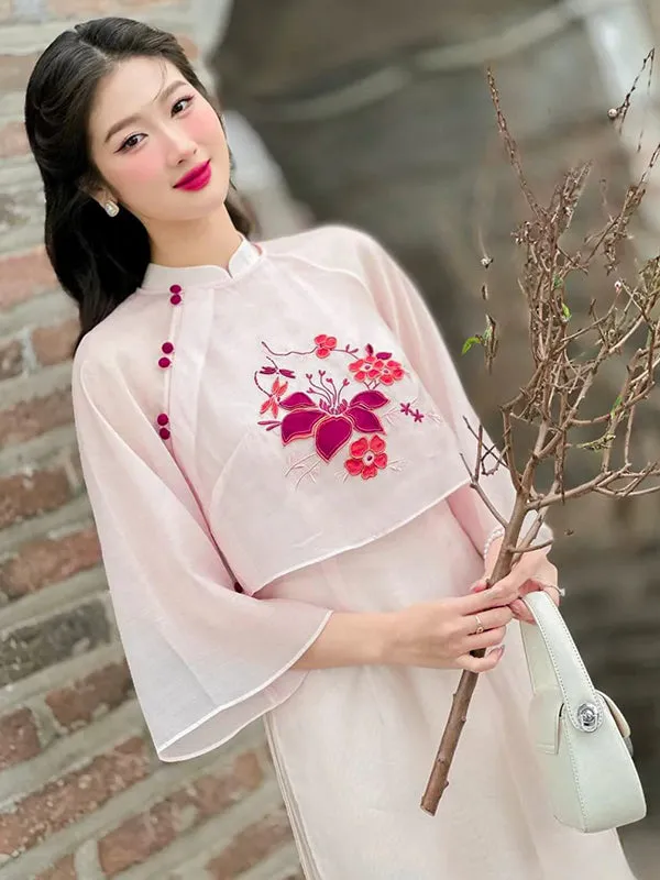 Ao Dai Vietnam Blush Button Embroidery Includes One Ao Dai Top And Pants