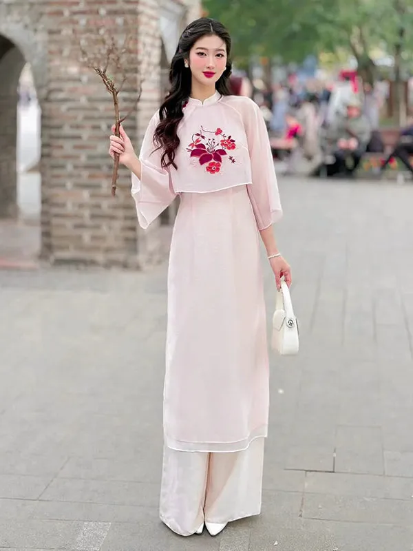 Ao Dai Vietnam Blush Button Embroidery Includes One Ao Dai Top And Pants