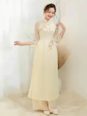 Ao Dai Vietnam Cream Button Floral Include Ao Dai Top And Pants No Headband