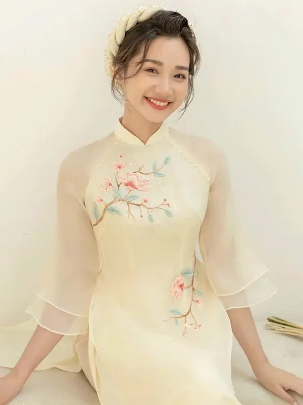 Ao Dai Vietnam Cream Button Floral Include Ao Dai Top And Pants No Headband