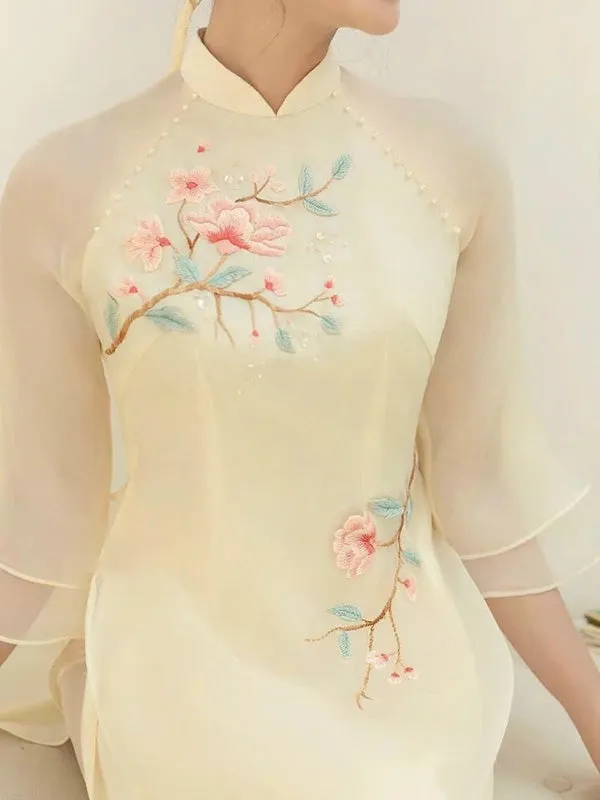 Ao Dai Vietnam Cream Button Floral Include Ao Dai Top And Pants No Headband