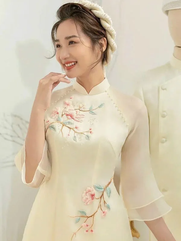 Ao Dai Vietnam Cream Button Floral Include Ao Dai Top And Pants No Headband