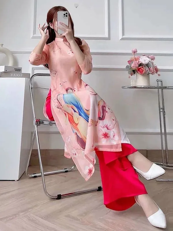 Ao Dai Vietnam Peach 3-Lady Chiffon Includes One Ao Dai Top And Pants