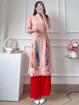 Ao Dai Vietnam Peach 3-Lady Chiffon Includes One Ao Dai Top And Pants