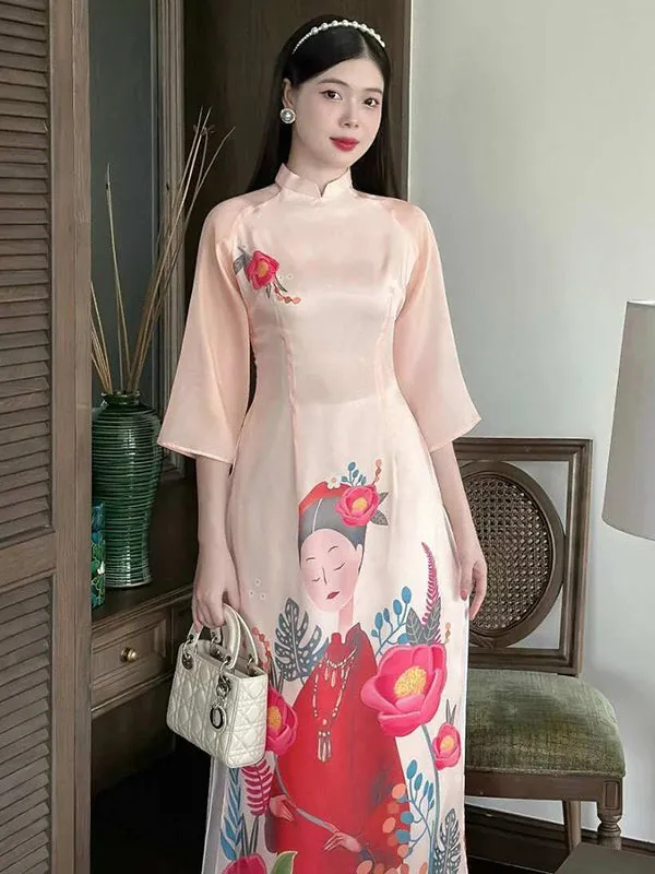 Ao Dai Vietnam Peach Printed Chiffon Includes One Ao Dai Top And Pants