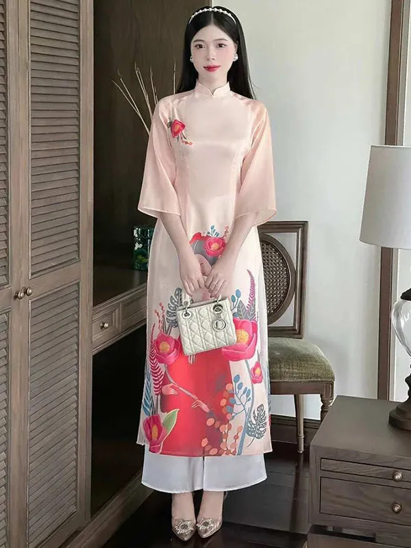 Ao Dai Vietnam Peach Printed Chiffon Includes One Ao Dai Top And Pants