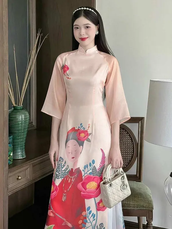 Ao Dai Vietnam Peach Printed Chiffon Includes One Ao Dai Top And Pants