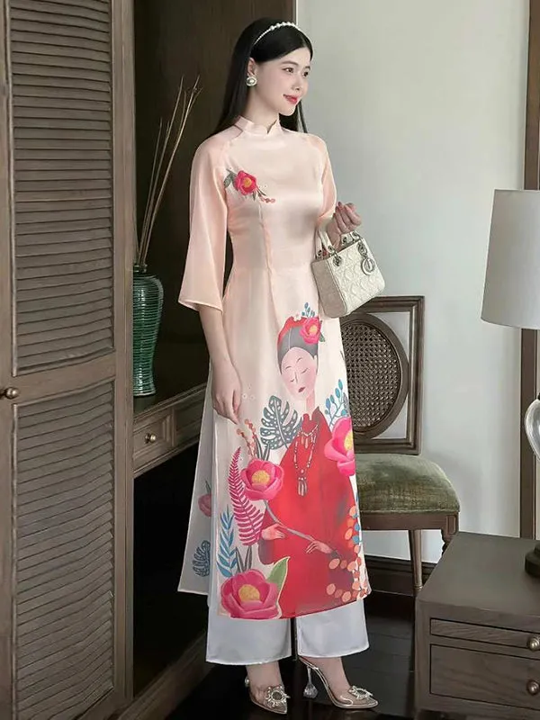 Ao Dai Vietnam Peach Printed Chiffon Includes One Ao Dai Top And Pants