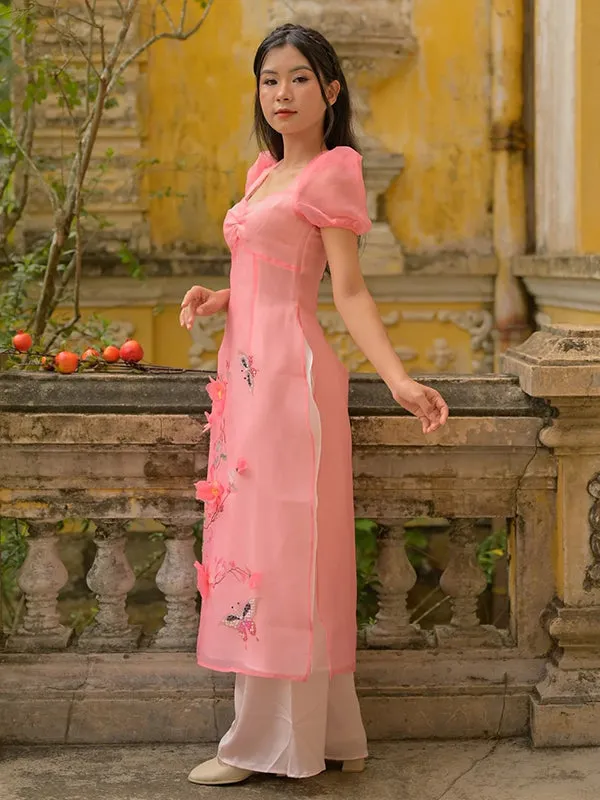 Ao Dai Vietnam Pink Puffy Sleeve Includes One Ao Dai Top And Pants