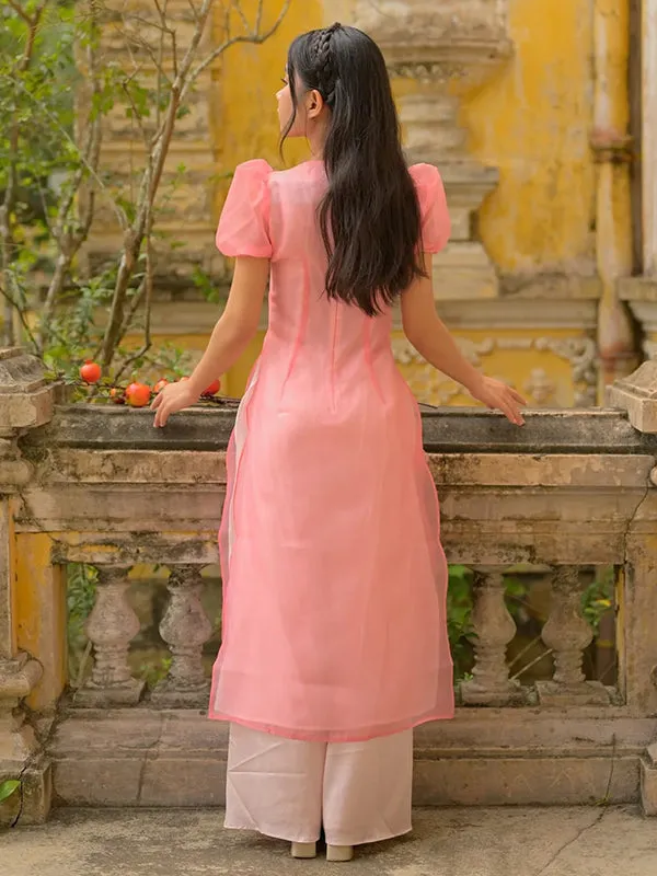 Ao Dai Vietnam Pink Puffy Sleeve Includes One Ao Dai Top And Pants