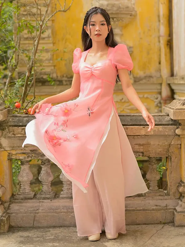 Ao Dai Vietnam Pink Puffy Sleeve Includes One Ao Dai Top And Pants