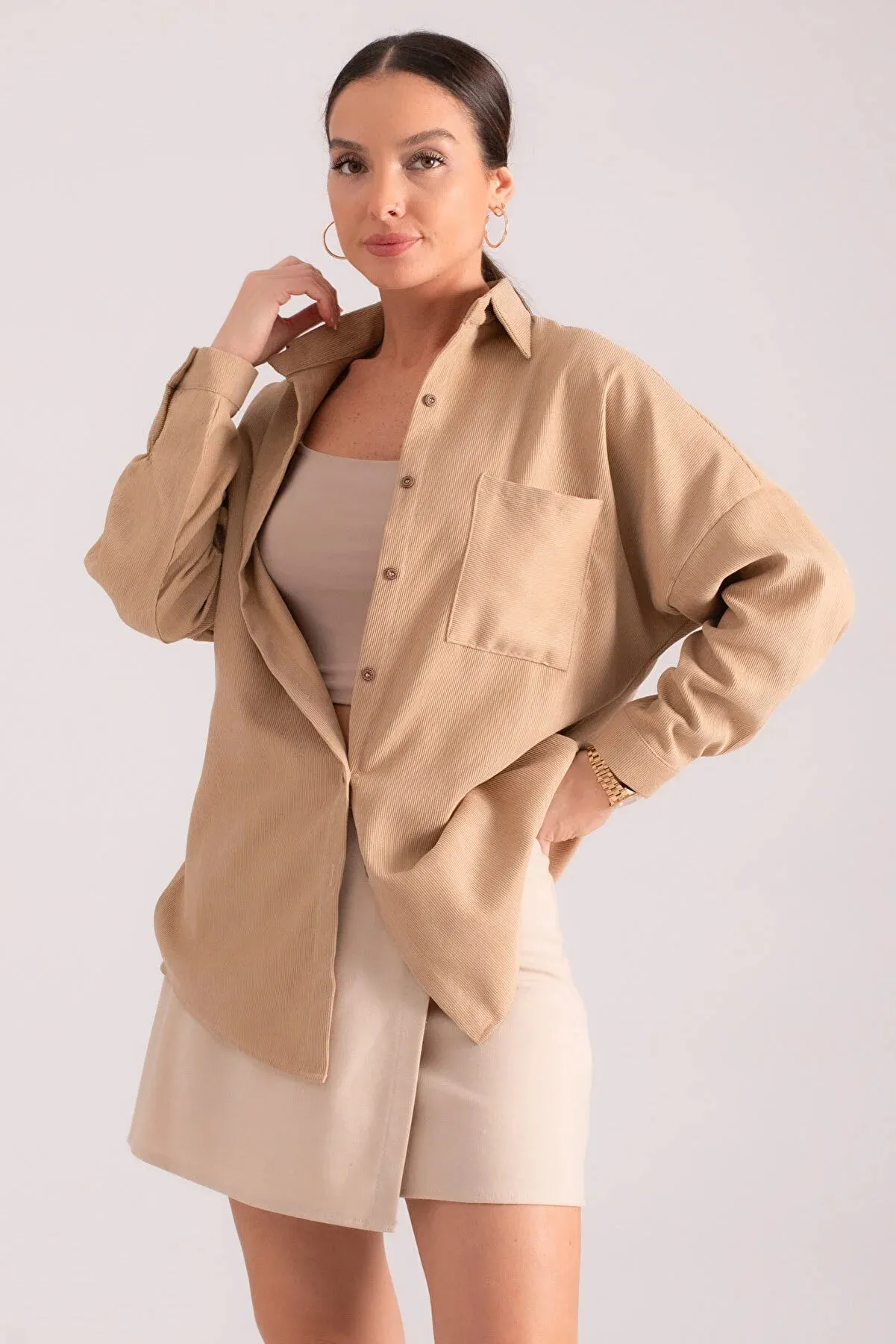 Armonika Women's Beige Pocket Oversize Slim Corduroy Shirt