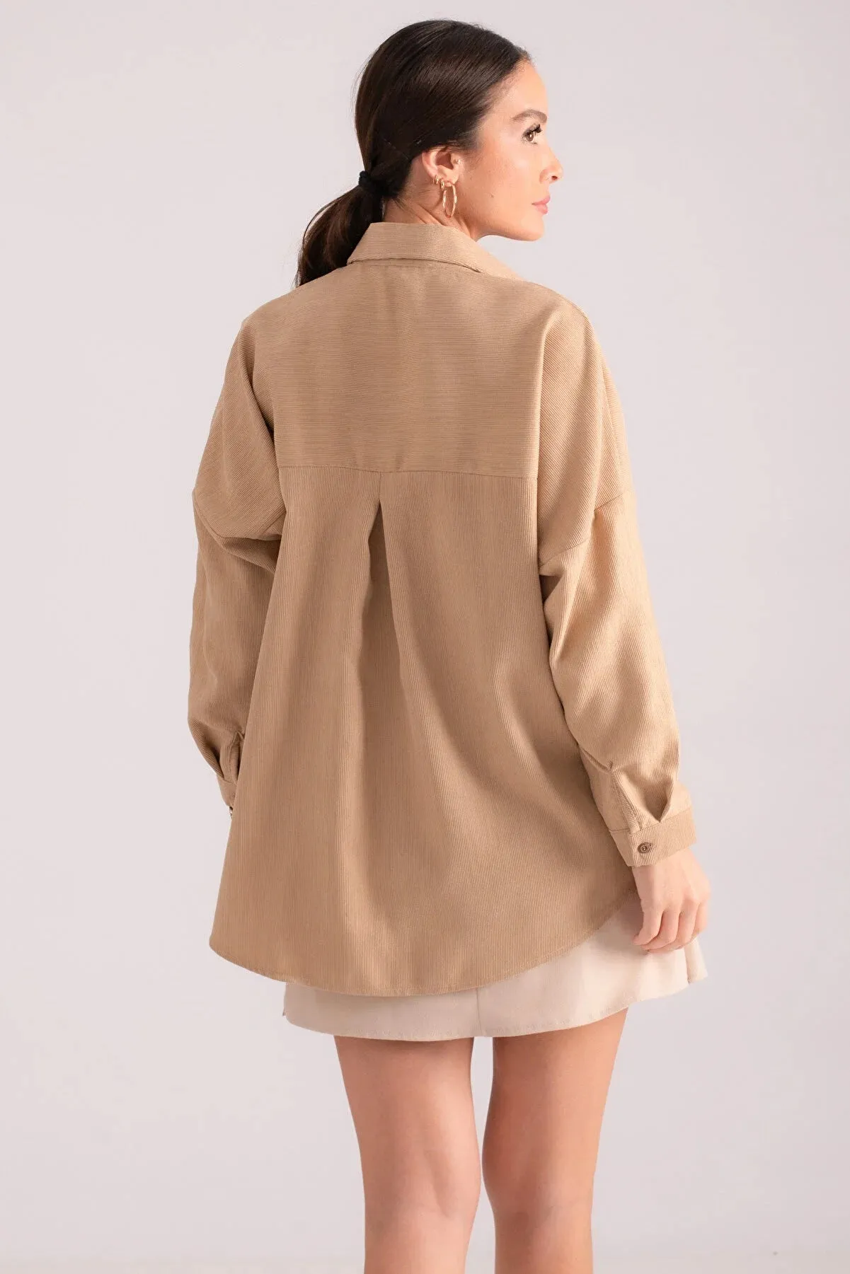 Armonika Women's Beige Pocket Oversize Slim Corduroy Shirt