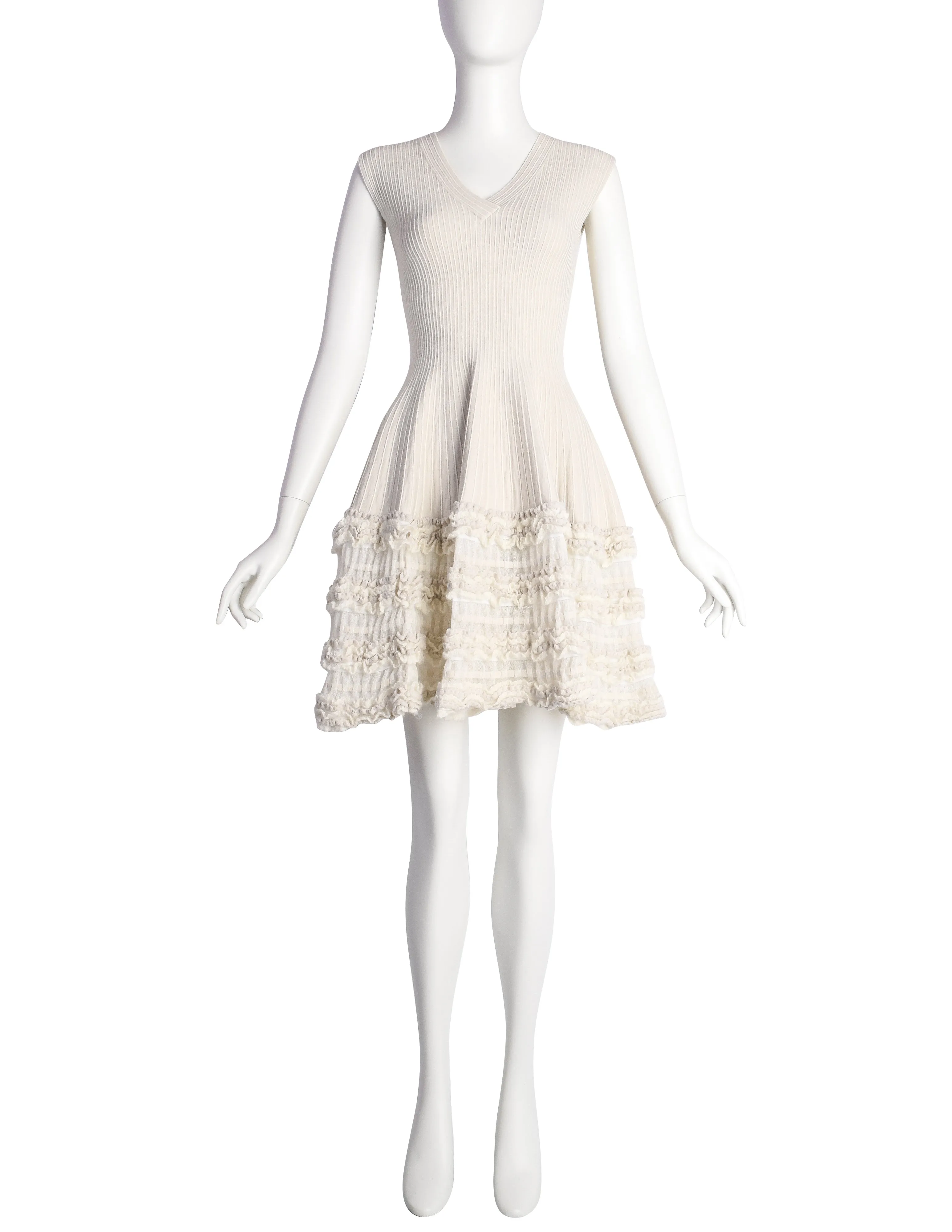 Azzedine Alaia AW 2008 Creamy Ribbed Wool Fit and Flare Ruffle Skirt Dress