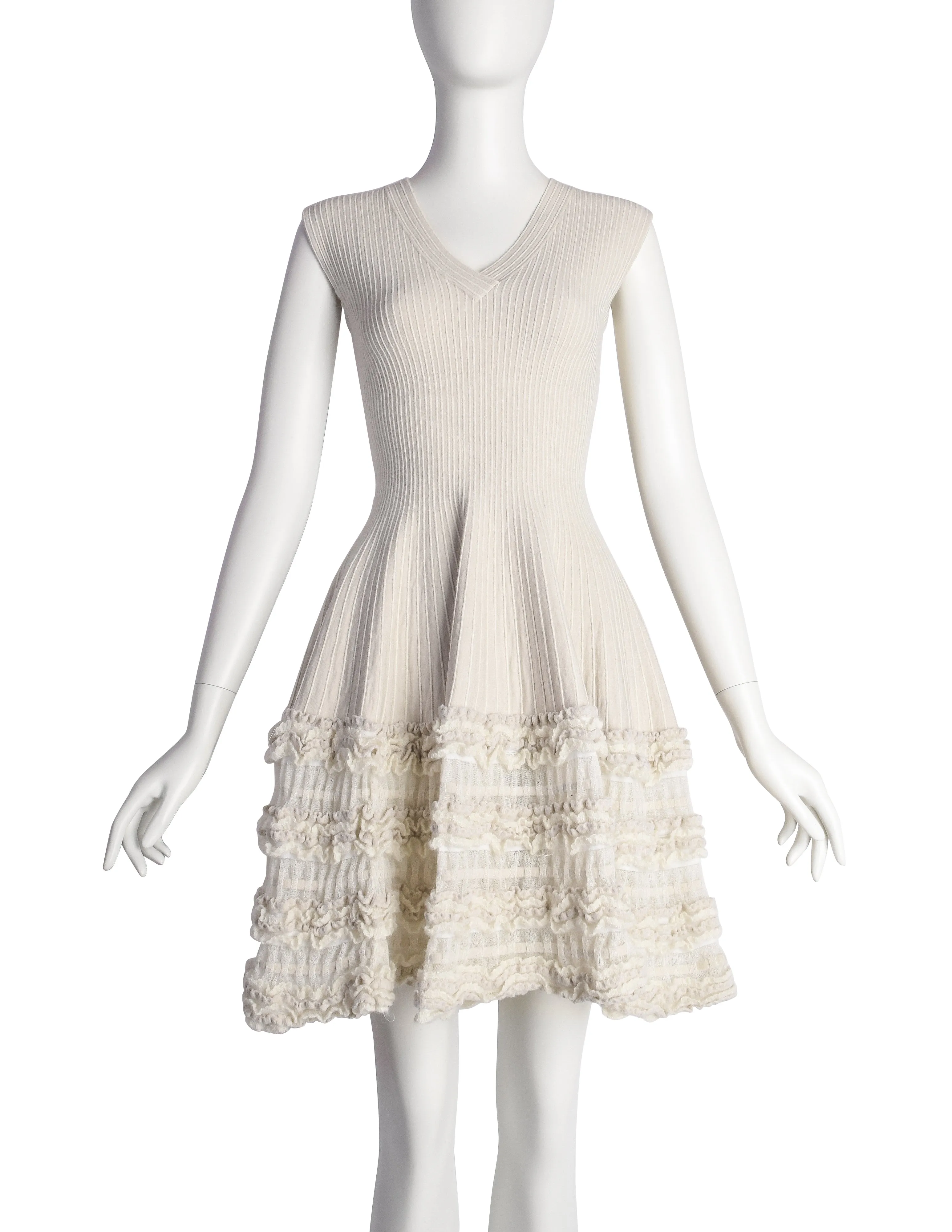 Azzedine Alaia AW 2008 Creamy Ribbed Wool Fit and Flare Ruffle Skirt Dress