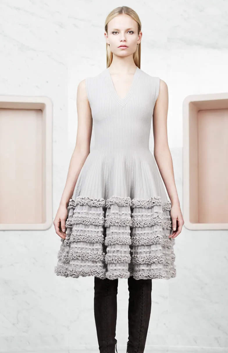 Azzedine Alaia AW 2008 Creamy Ribbed Wool Fit and Flare Ruffle Skirt Dress