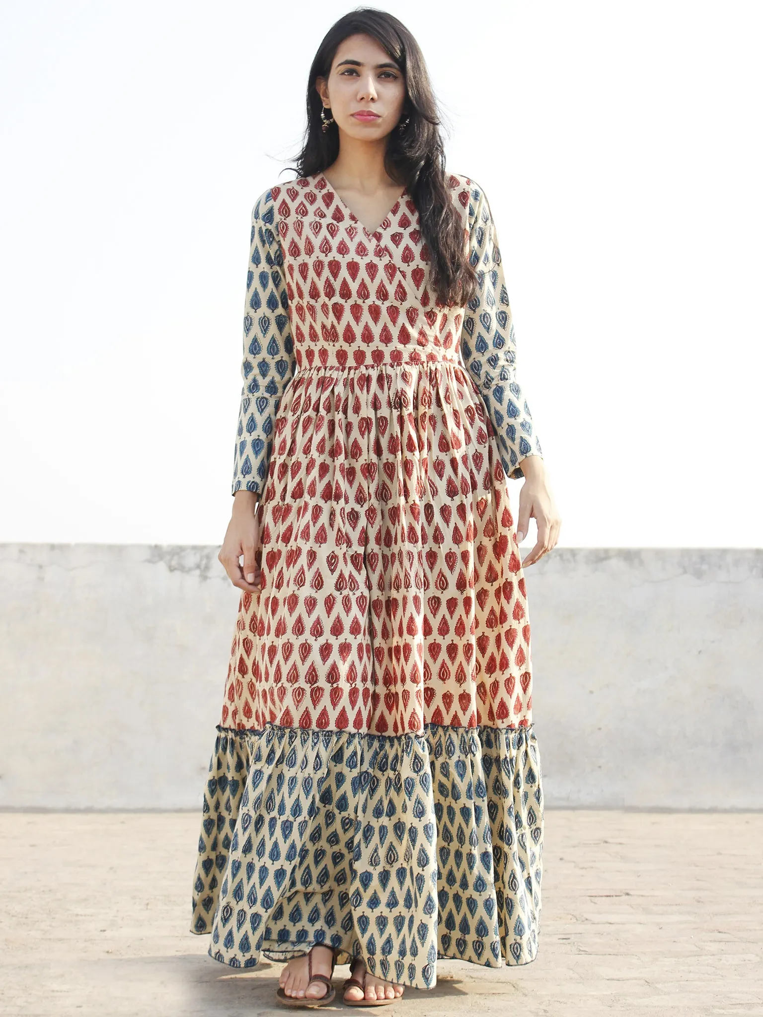 Beige Maroon Red Blue Black Hand Block Printed Tier Cotton Dress - D169F1085