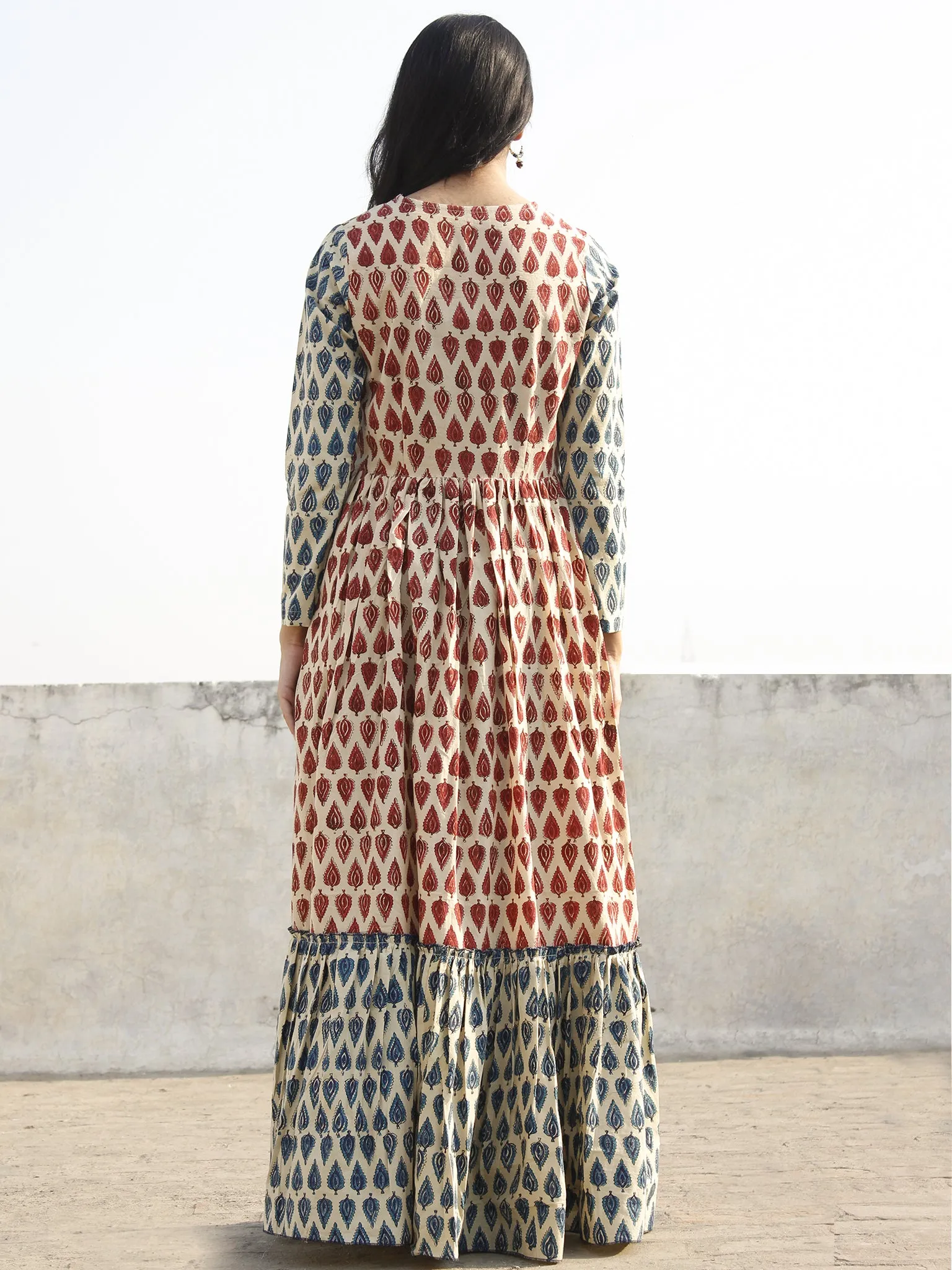 Beige Maroon Red Blue Black Hand Block Printed Tier Cotton Dress - D169F1085