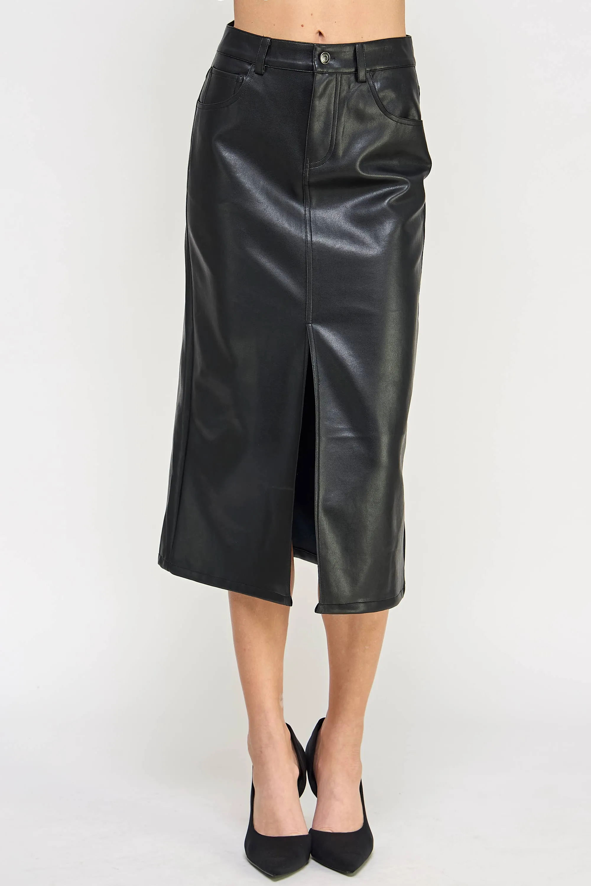 Black Faux Leather Midi Skirt