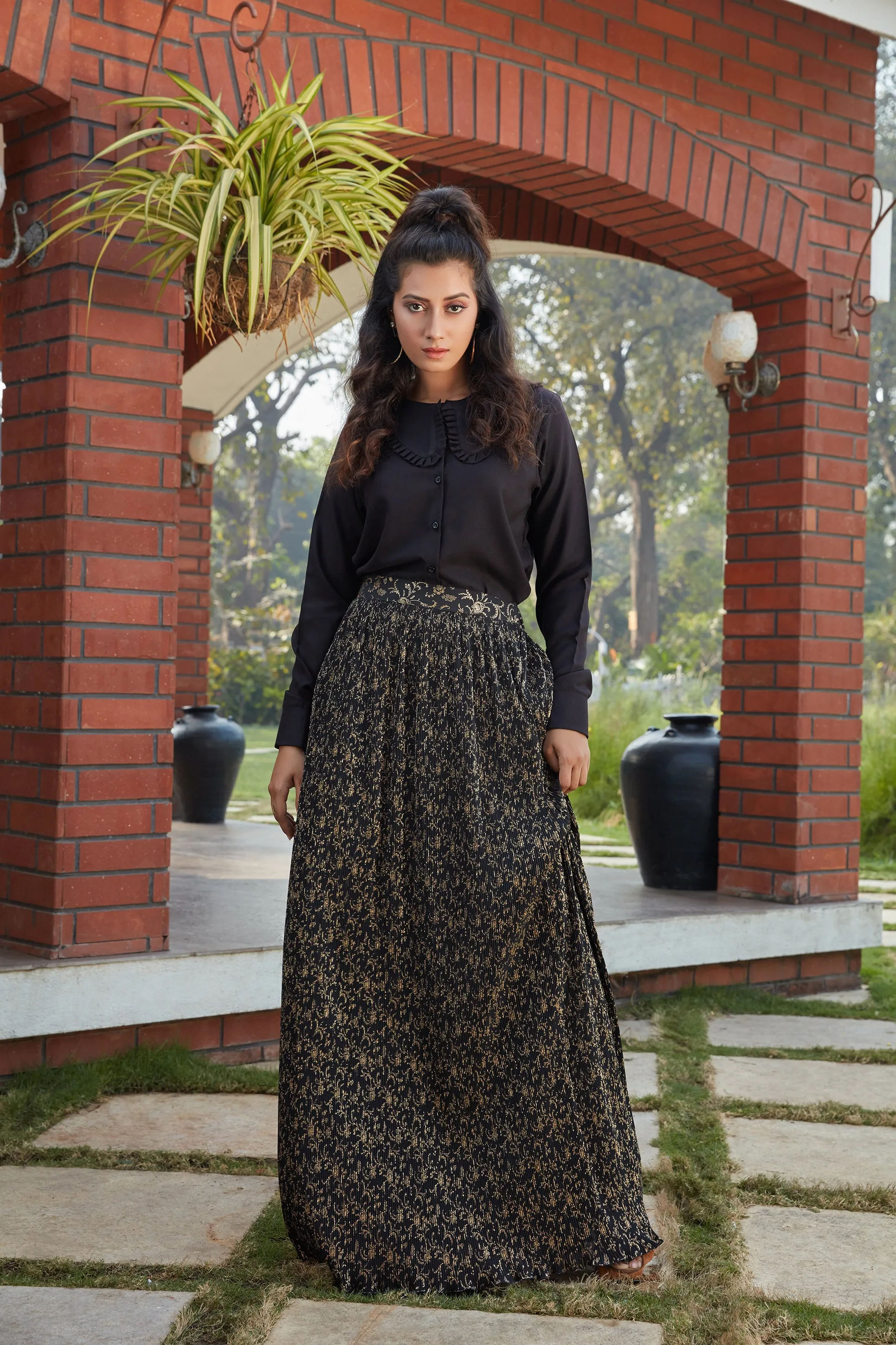 Black Printed Imported Indo Western Ready To Wear Skirt With Crop Top