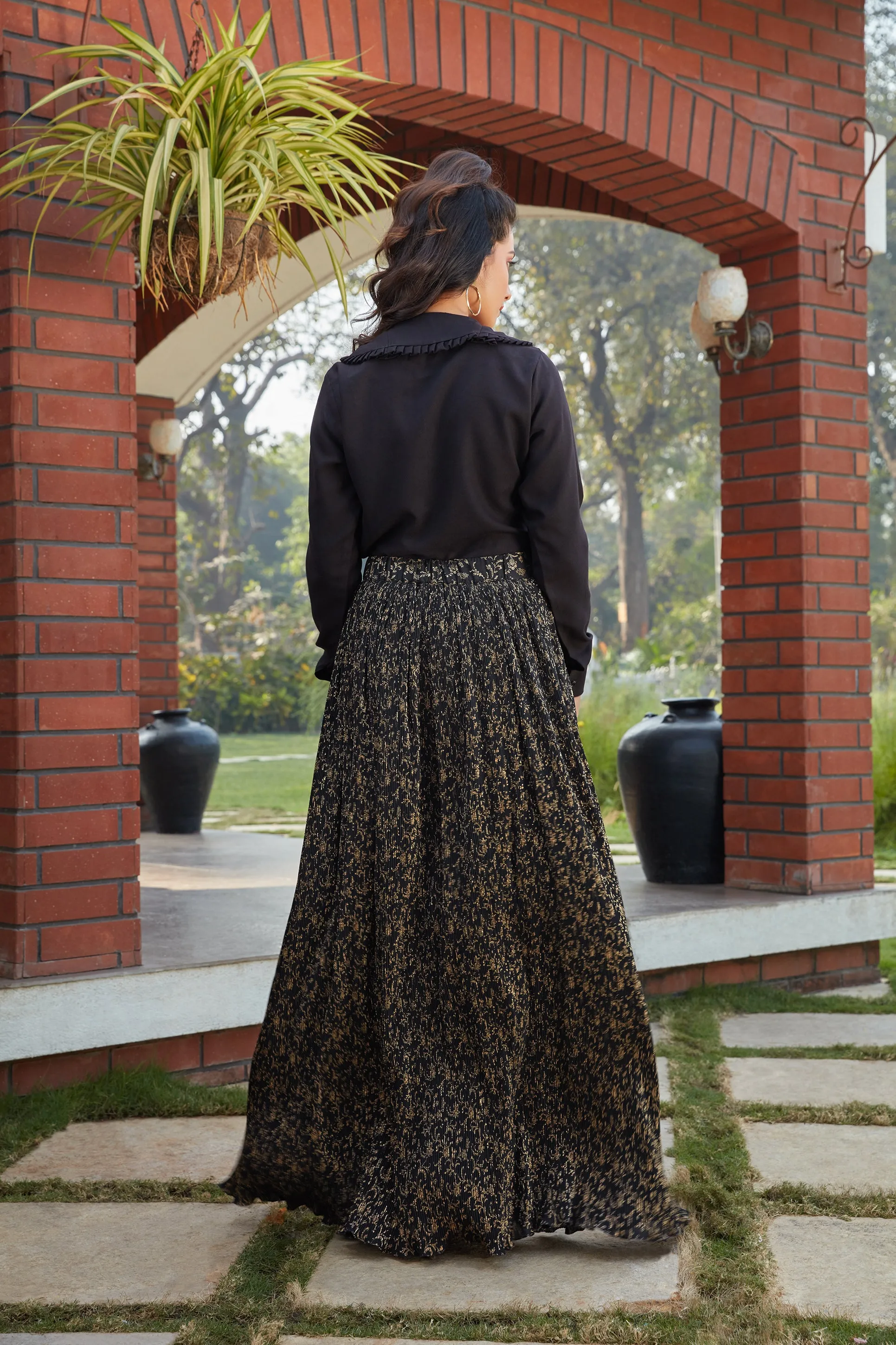 Black Printed Imported Indo Western Ready To Wear Skirt With Crop Top