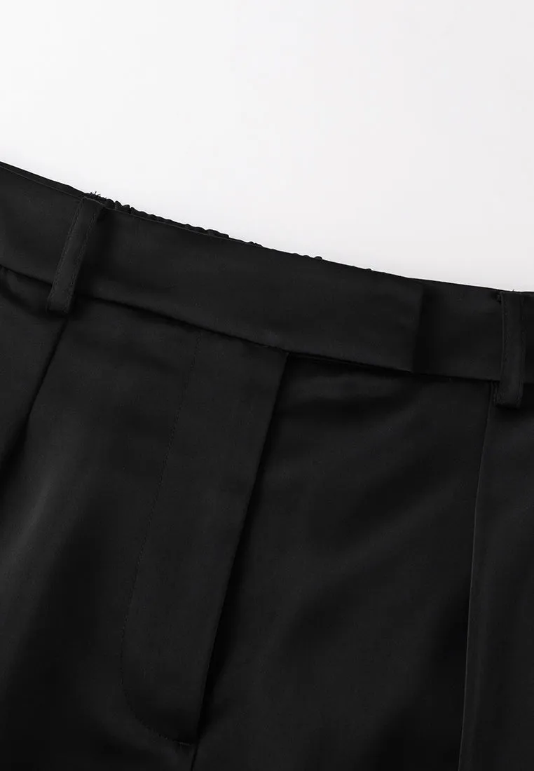 Black Sheen Straight-leg Tailored Pants with Elastic Back