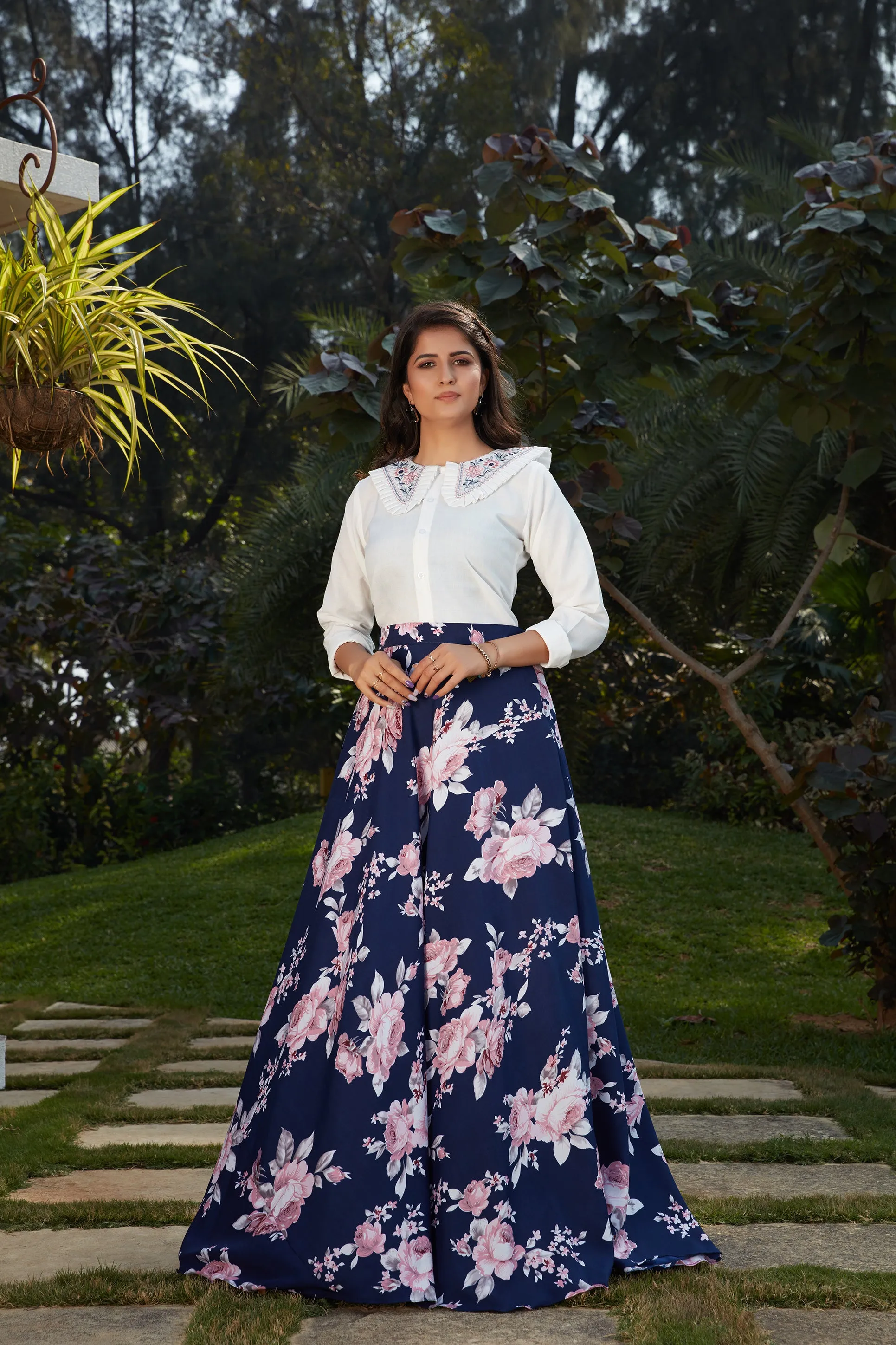 Blue Floral Crepe Indo Western Ready To Wear Skirt With Crop Top