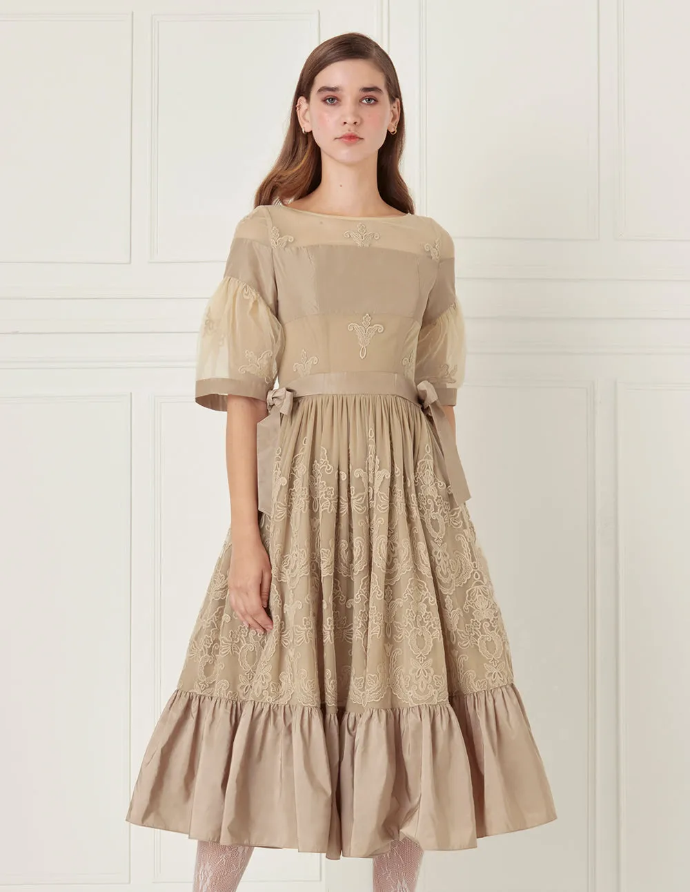 BORA AKSU Sheer See Through Lace Pleated Gown Skirt