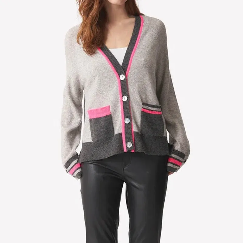 Brodie Varsity Pop Cardigan - Grey/Neon Pink