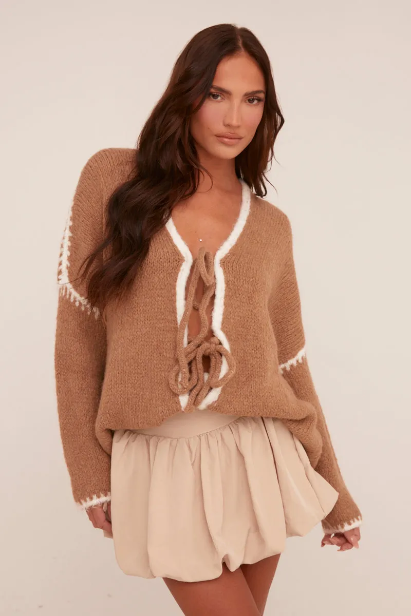 Brown Knit Contrast Stitch Tie Front Cardigan - Oliviamae