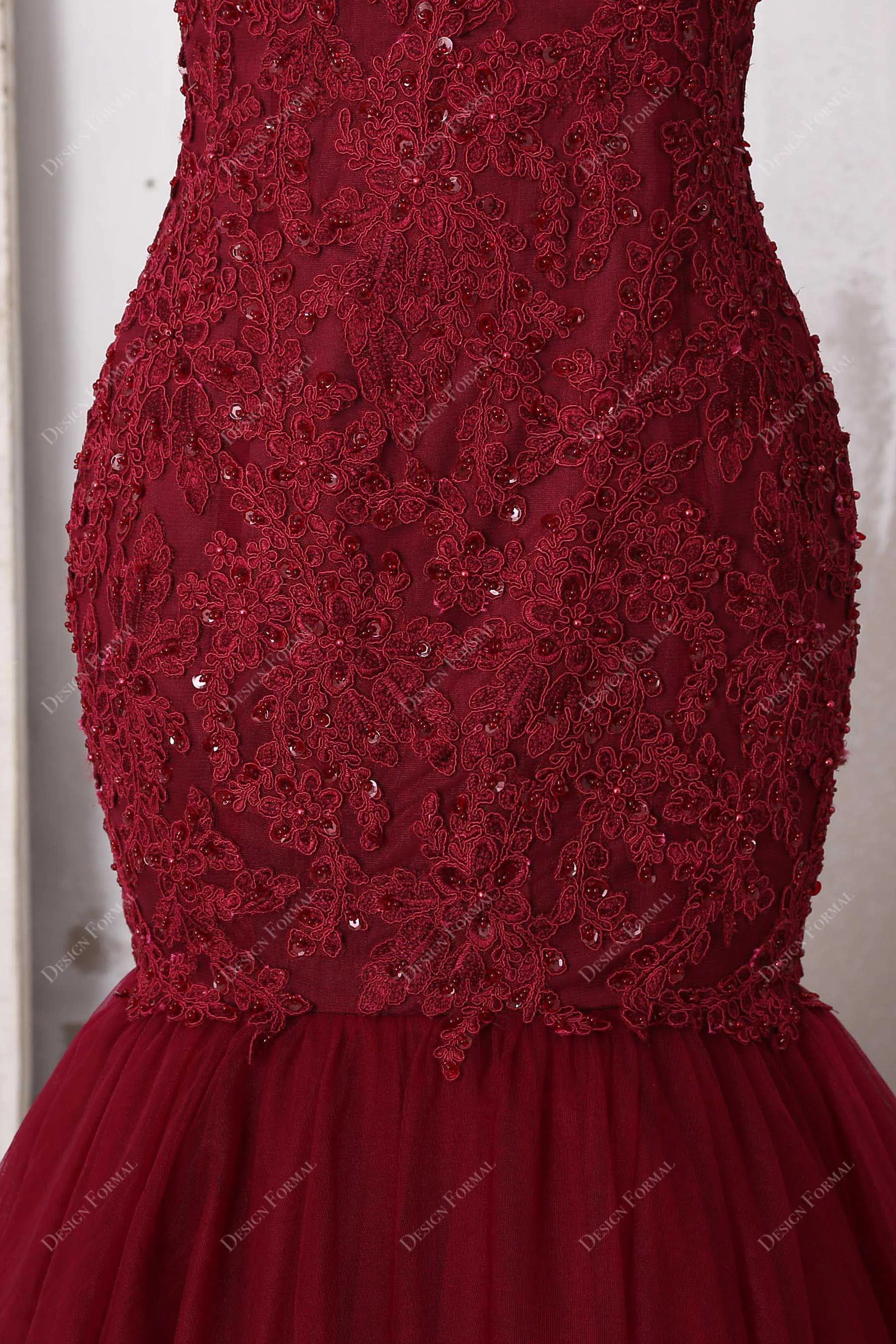 Burgundy Beaded Lace Tulle Trumpet Prom Dress