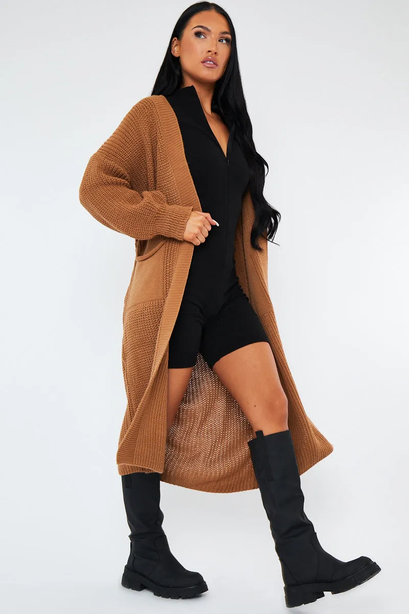 Camel Longline Relaxed Fit Front Pockets Cardigan - Leah