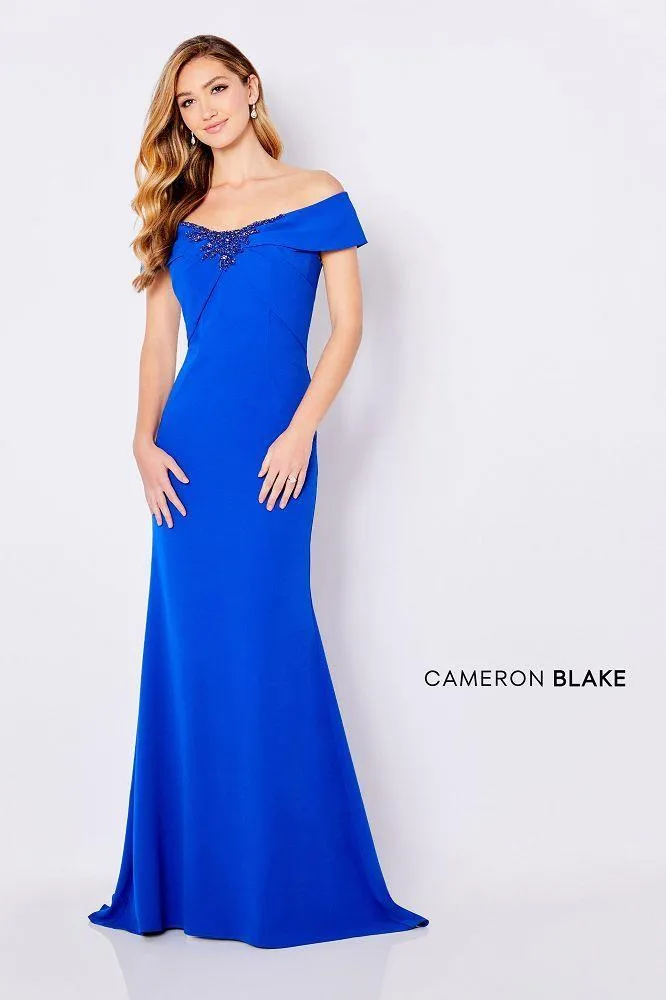 Cameron Blake 221691 Royal Blue Off Shoulder Luxe Crepe Fit-n-Flare Dress