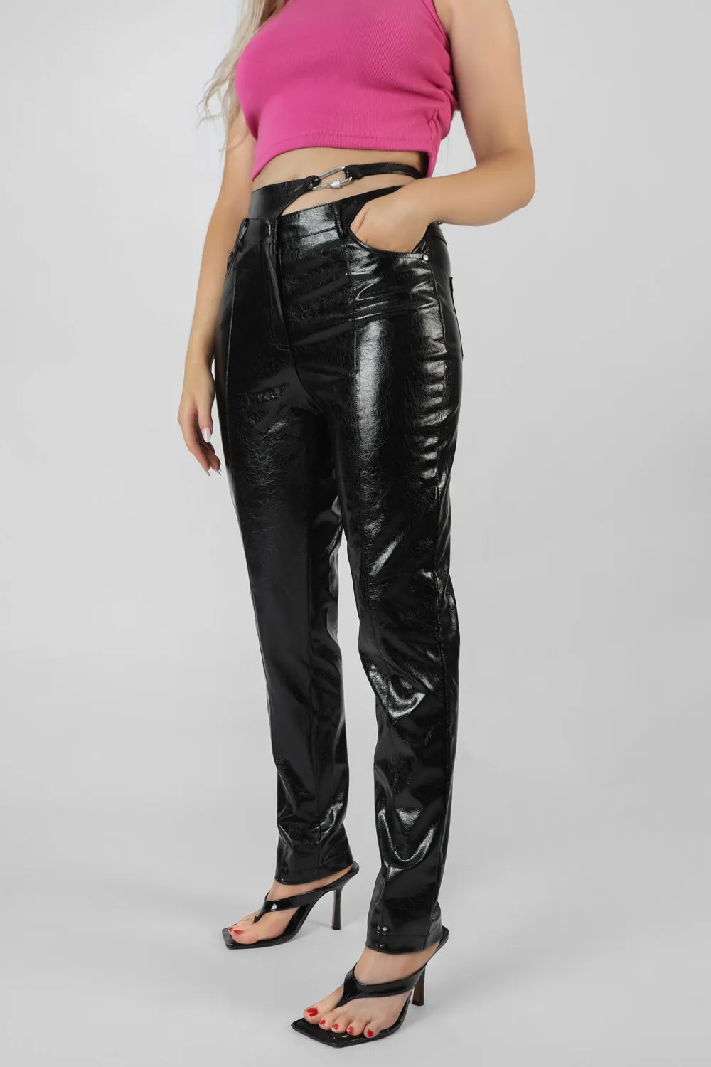 Carabiner Waist Battered Pu Trousers Black