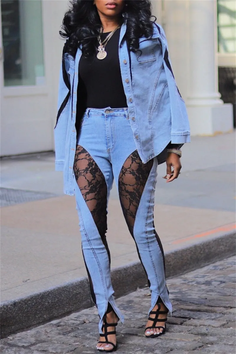 Casual Patchwork Lace See-through High Waist Skinny Denim Jeans