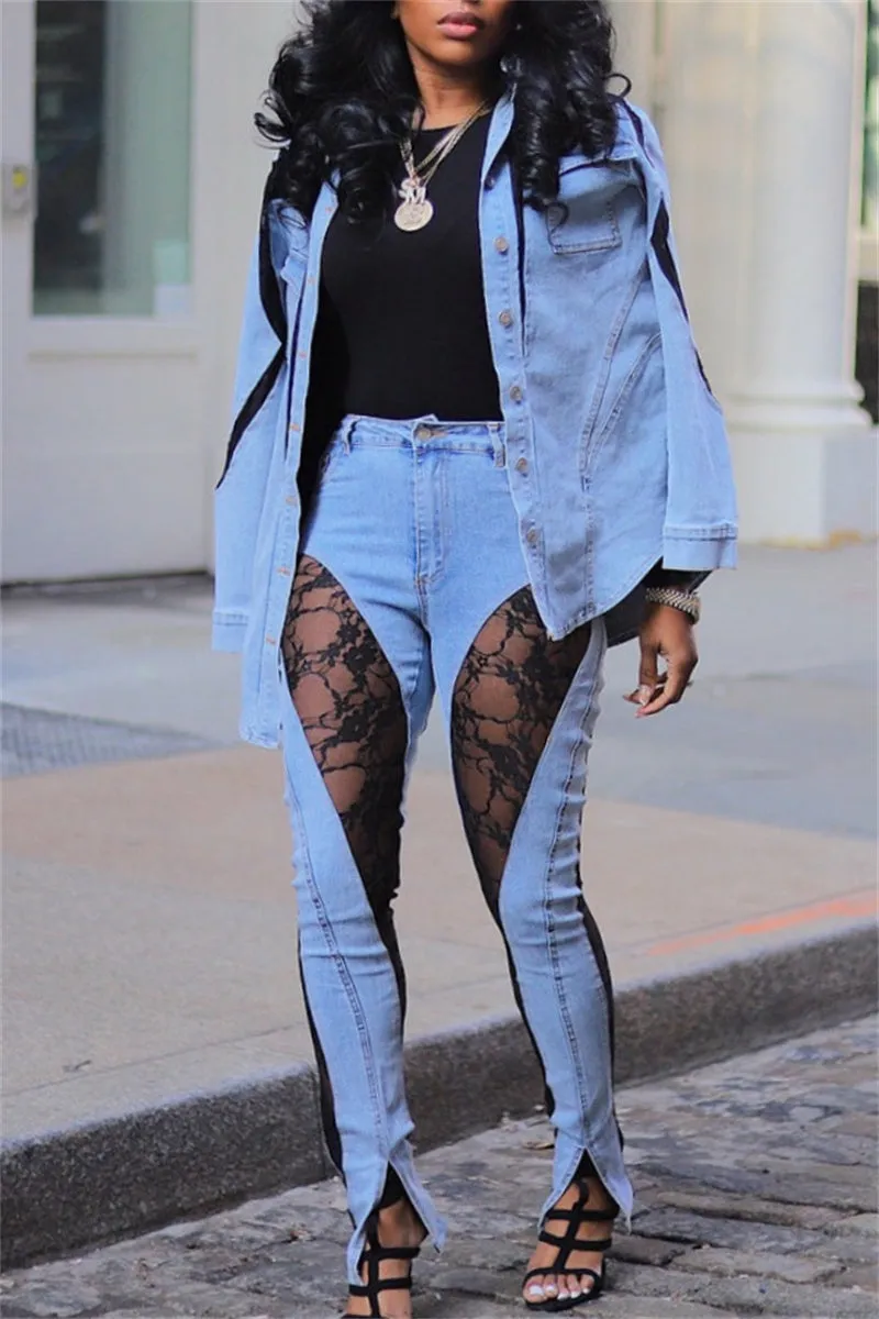 Casual Patchwork Lace See-through High Waist Skinny Denim Jeans