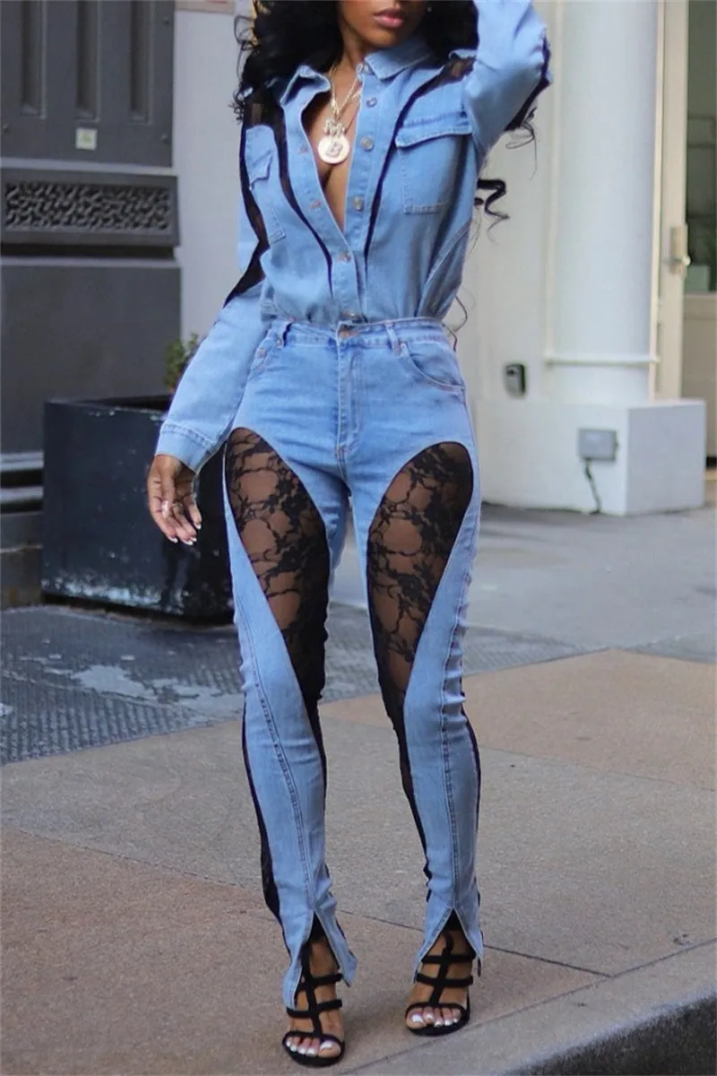 Casual Patchwork Lace See-through High Waist Skinny Denim Jeans