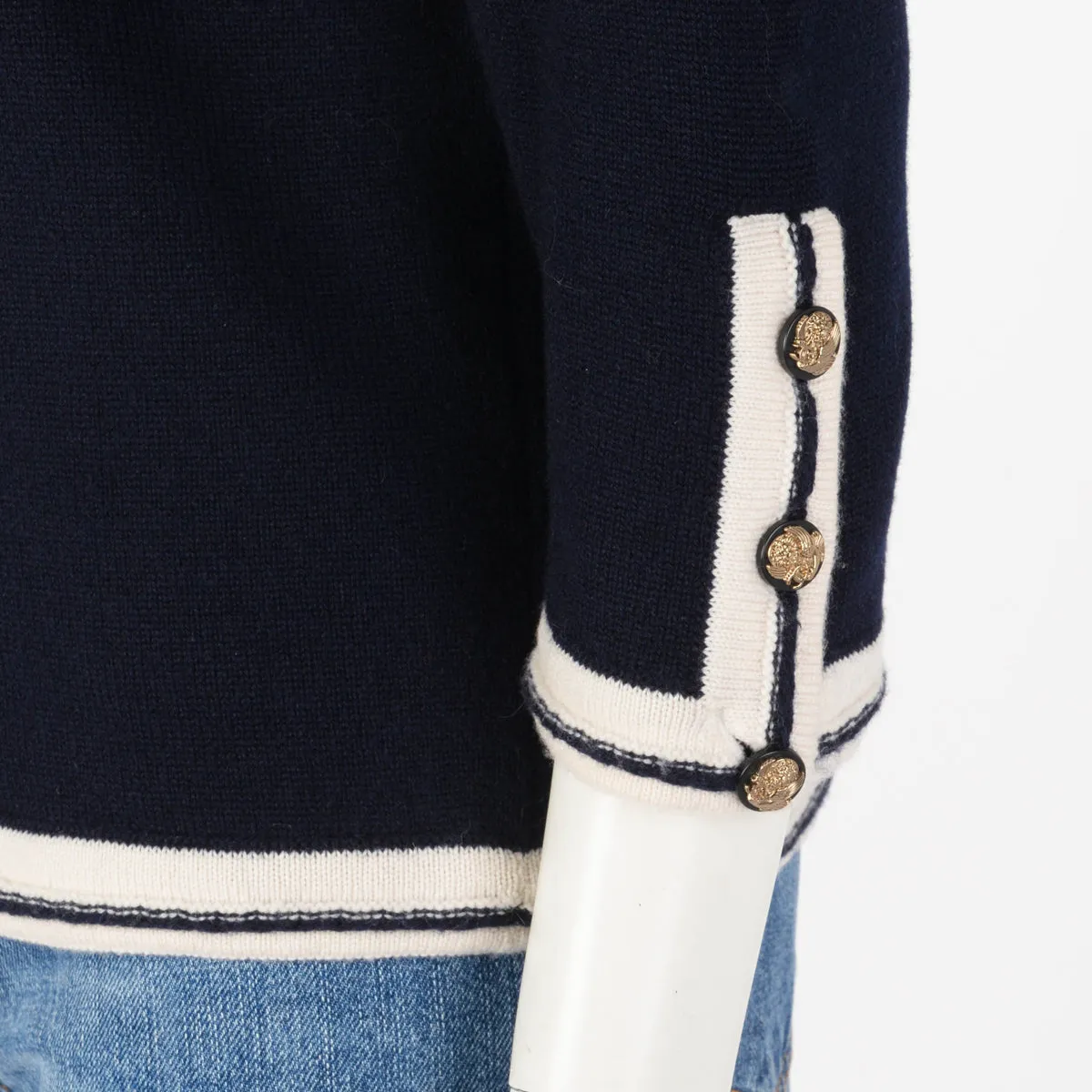 Chanel Navy & White Cashmere Gold Button Cardigan FR 42