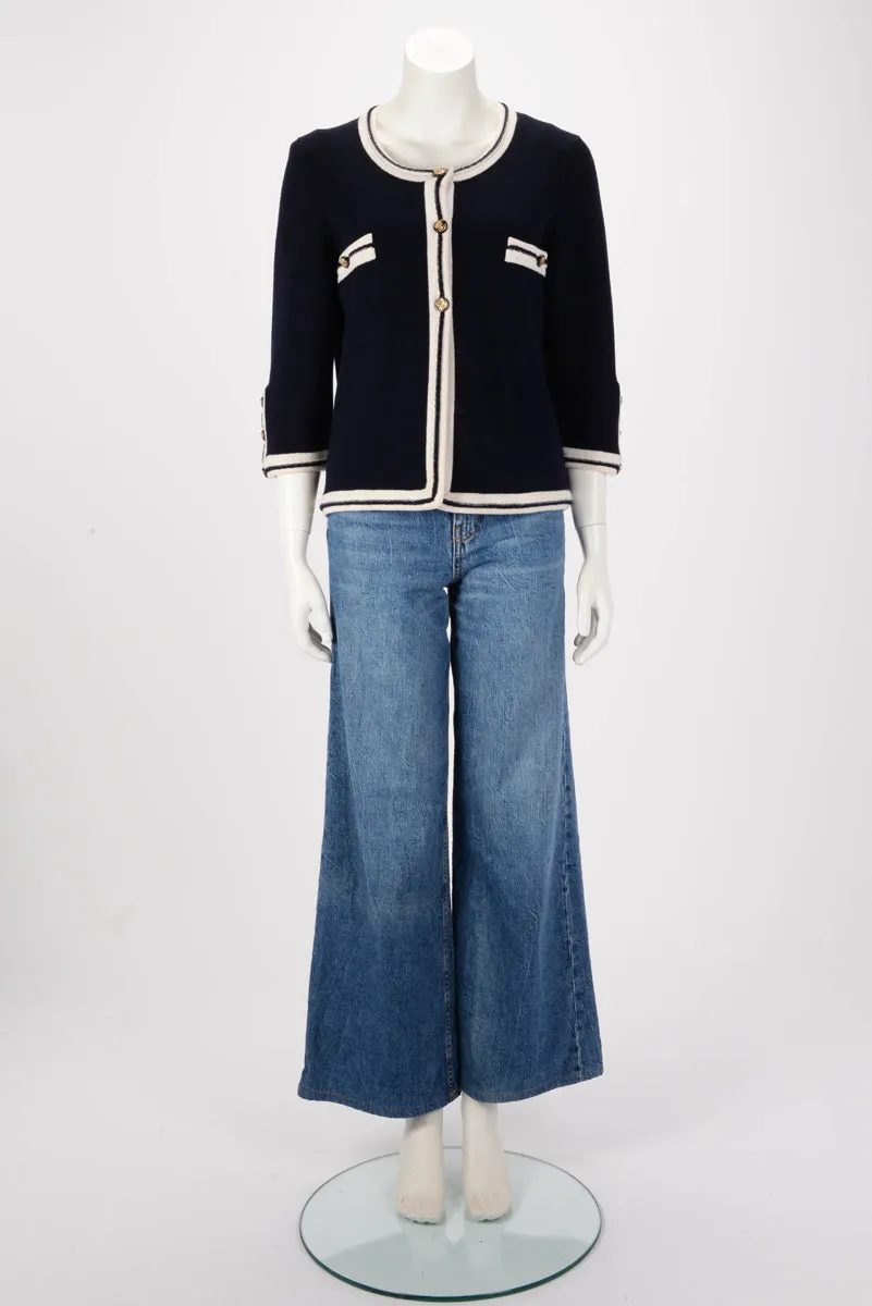 Chanel Navy & White Cashmere Gold Button Cardigan FR 42