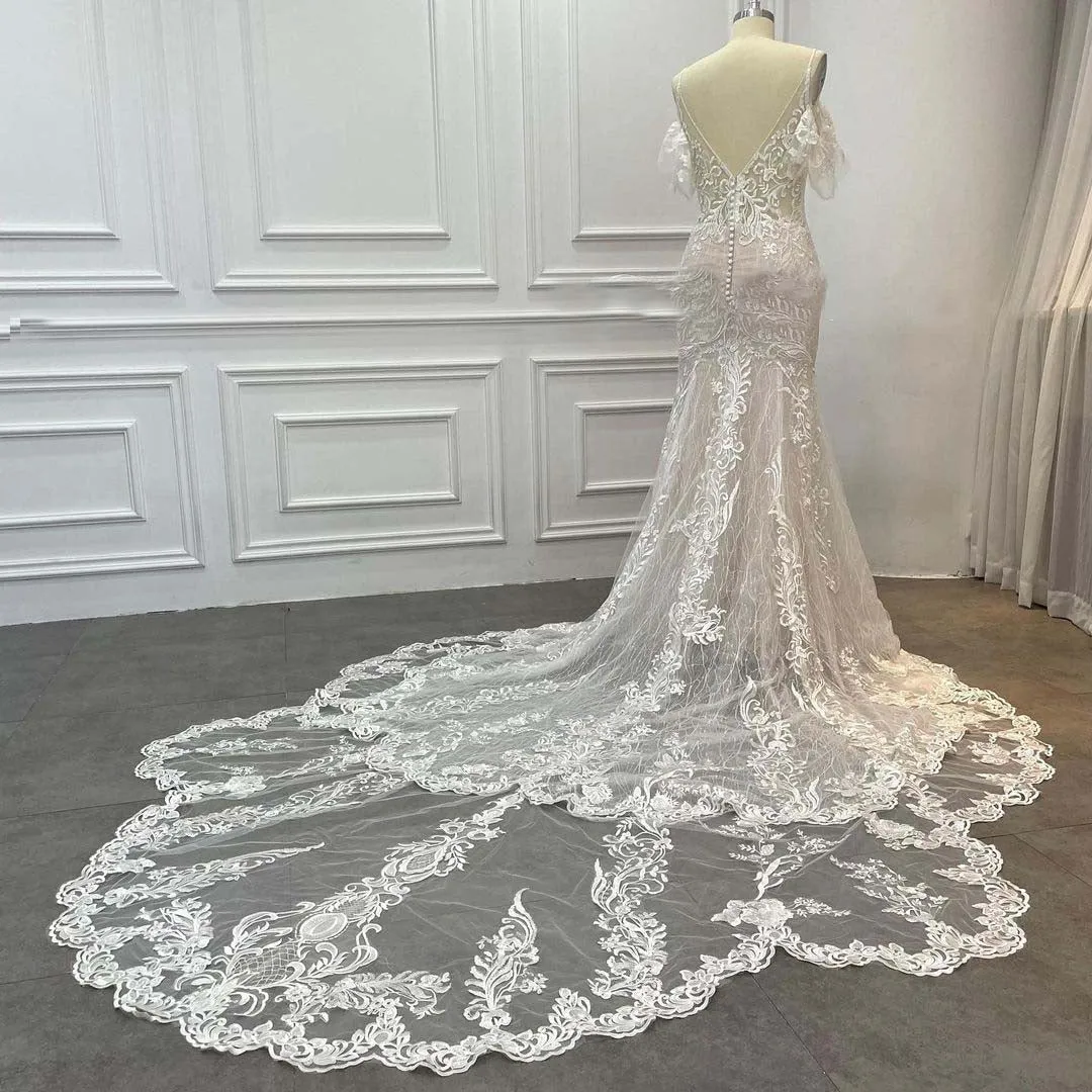 Cold Shoulder Lace Illusion Cutout Train Mermaid Wedding Dress