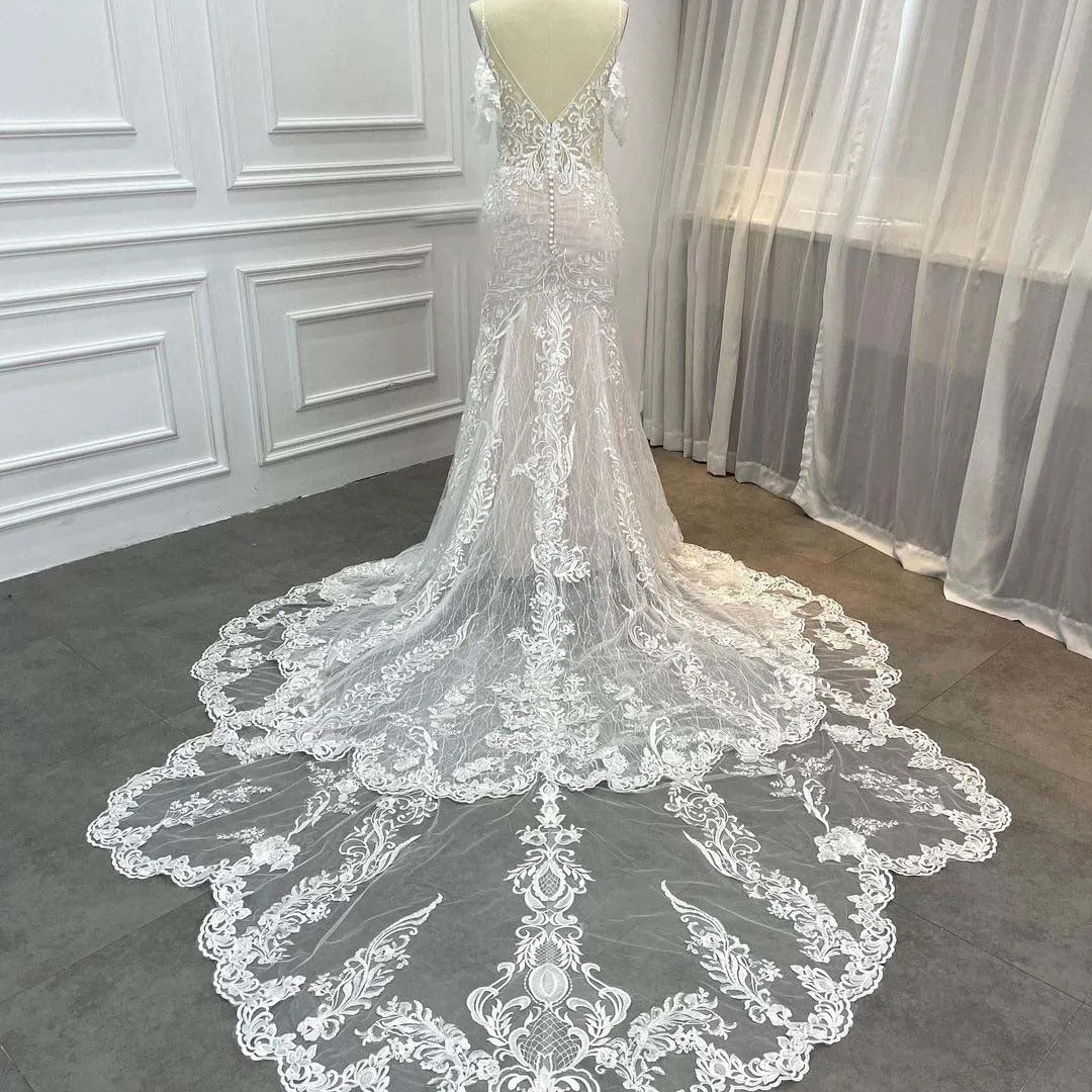 Cold Shoulder Lace Illusion Cutout Train Mermaid Wedding Dress